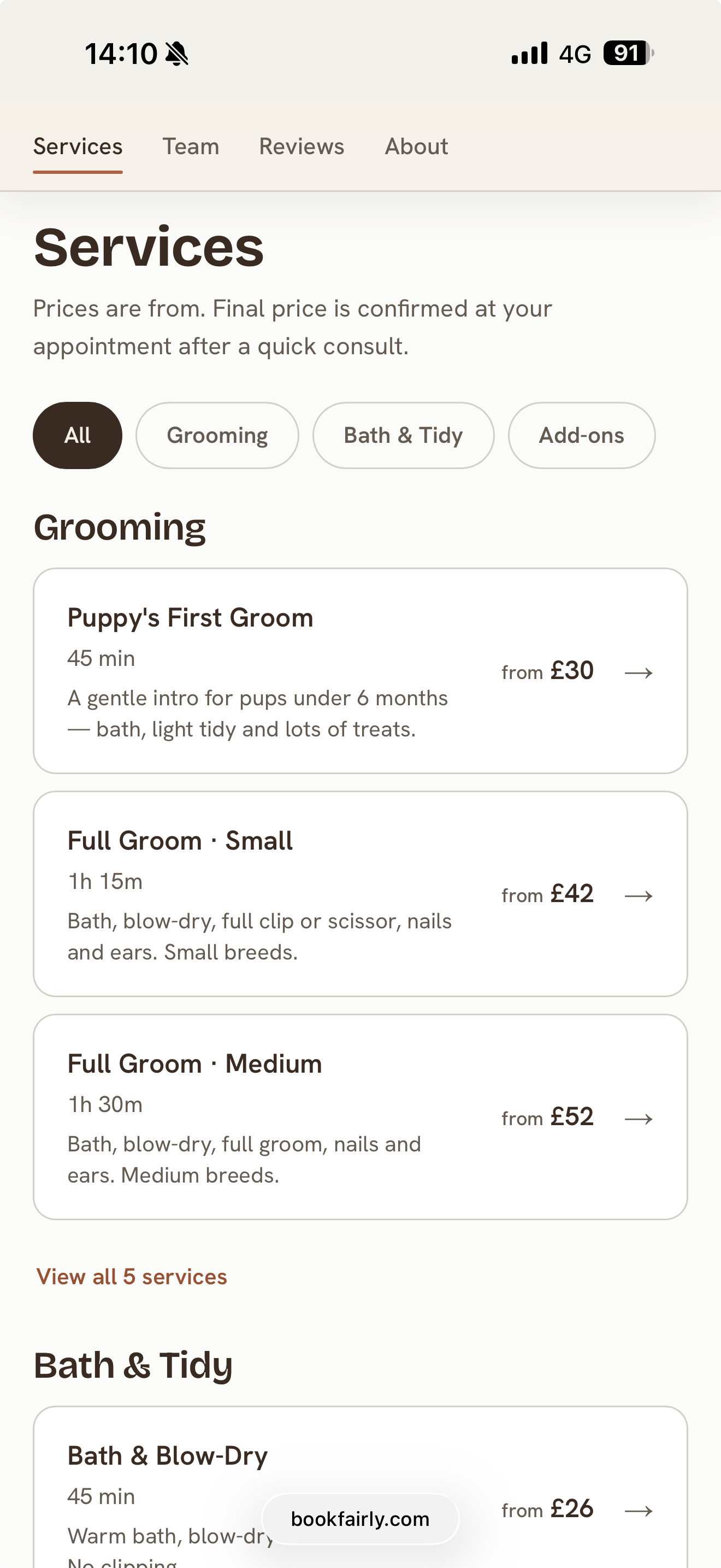 The Fairly booking flow on a phone